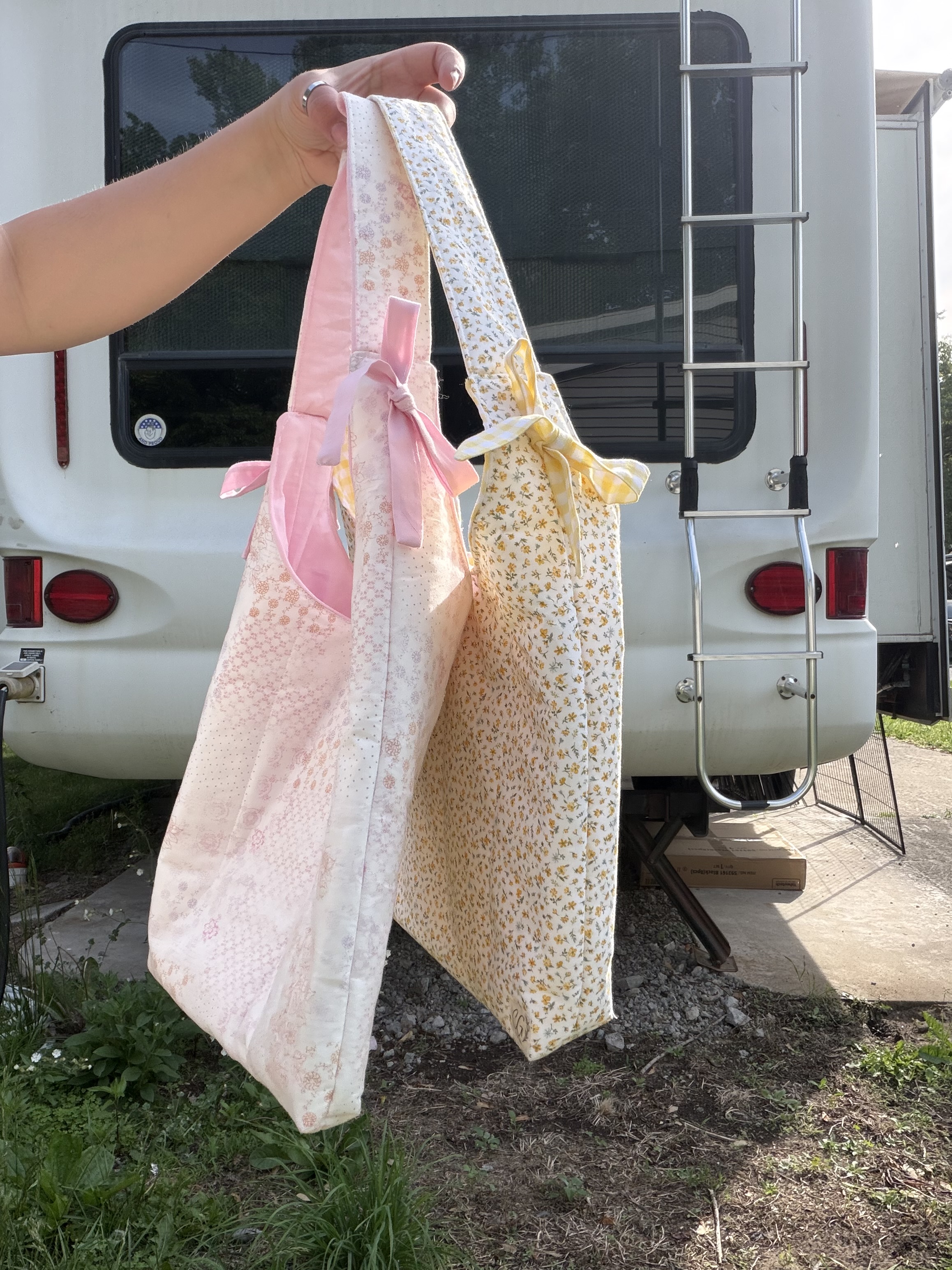 Blush and buttercup ribbon tie quilt tote bags