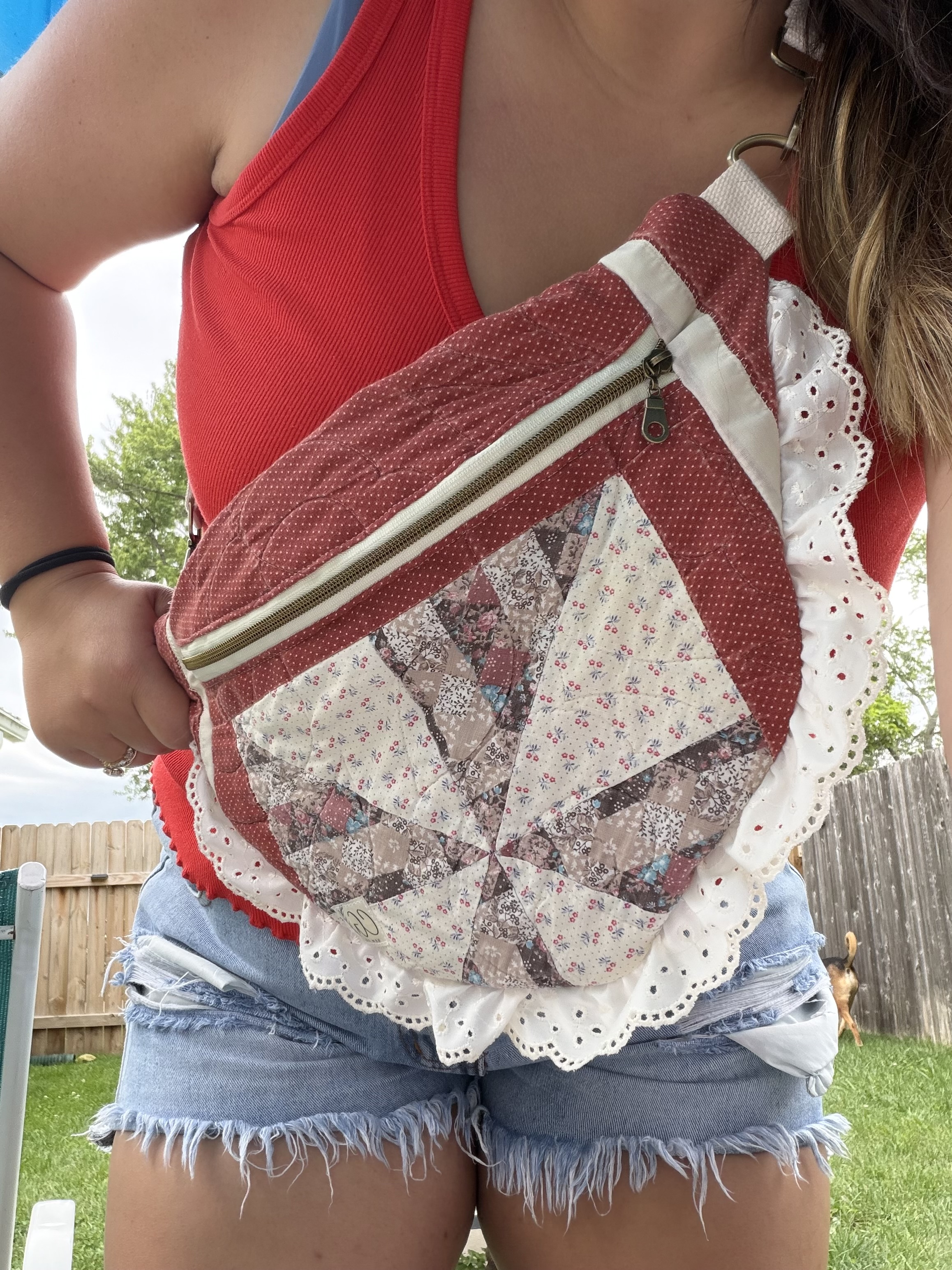 Terracotta Star Quilt Crossbody with Eyelet Lace Trim