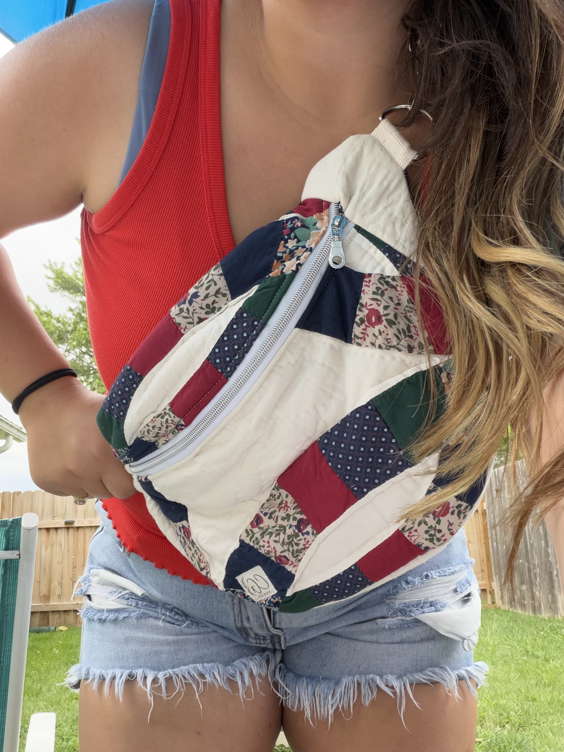Cranberry and pine jewel tone quilt sling